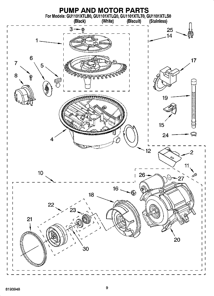 PUMP AND MOTOR PARTS Diagram and Parts List for GU1101XTLS0  Whirlpool Dishwasher