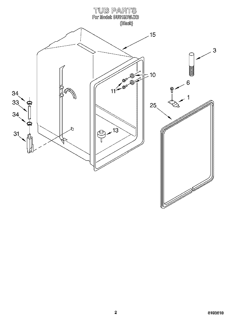 TUB Diagram and Parts List for DU018DWJX0  Whirlpool Dishwasher