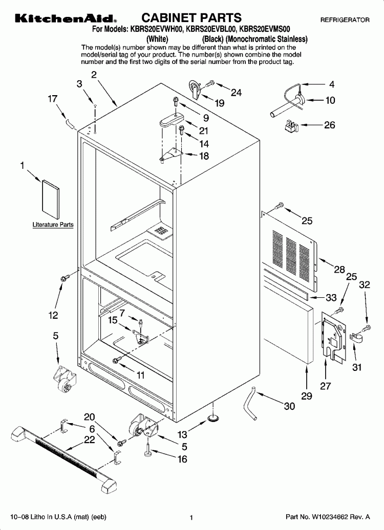 CABINET PARTS Diagram and Parts List for KBRS20EVWH00  KitchenAid Refrigerator