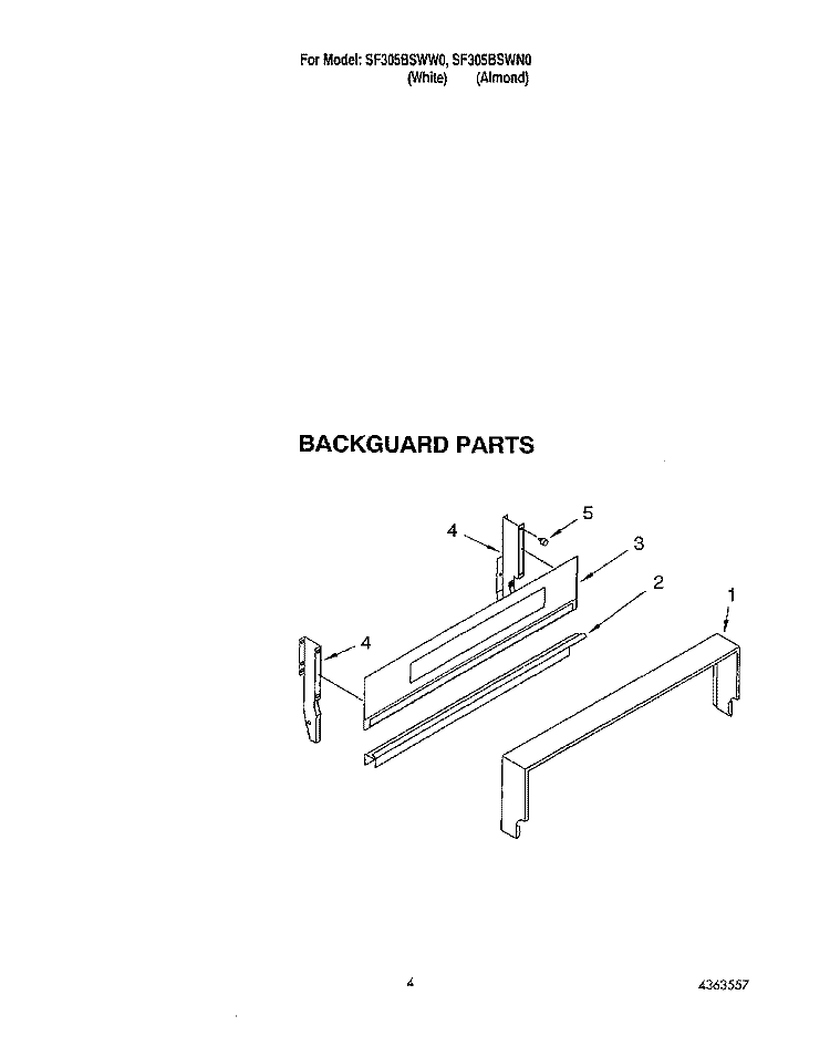 BACKGUARD Diagram and Parts List for SF305BSWW0  Whirlpool Range