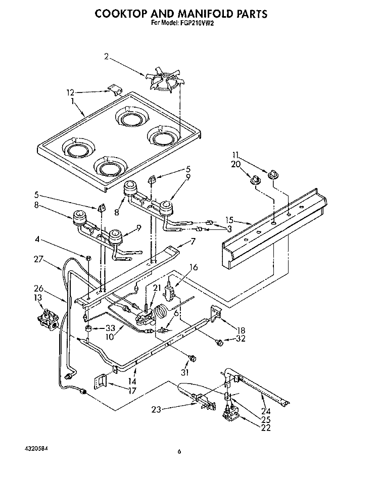 COOKTOP AND MANIFOLD, LIT/OPTIONAL Diagram and Parts List for FGP210VL2  Whirlpool Range