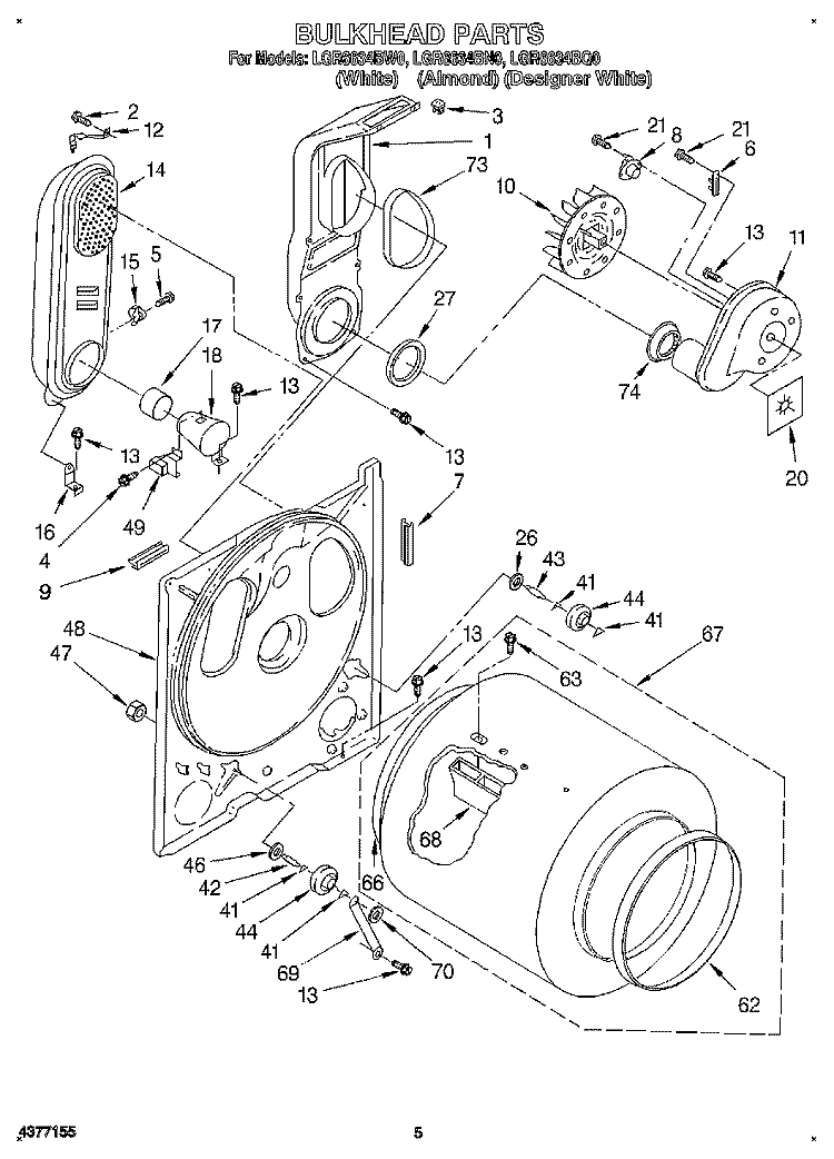 BULKHEAD Diagram and Parts List for LGR6634BN0  Whirlpool Dryer