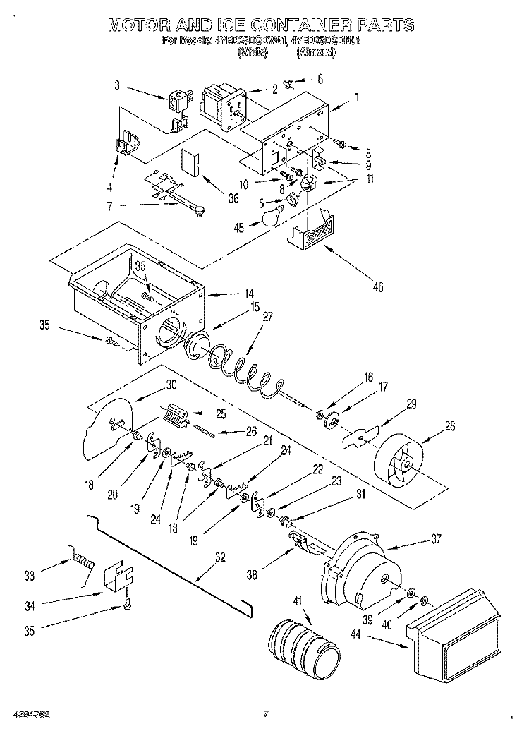 MOTOR AND ICE CONTAINER Diagram and Parts List for 4YED25DQDN01  Whirlpool Refrigerator