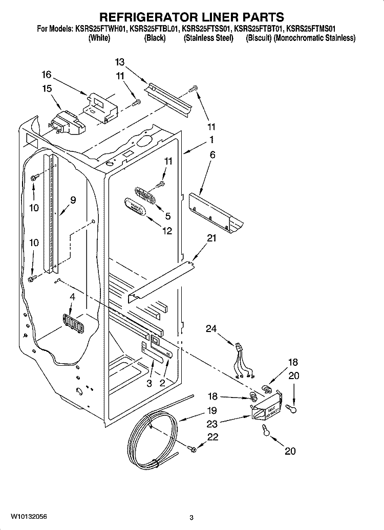 REFRIGERATOR LINER PARTS Diagram and Parts List for KSRS25FTSS01  KitchenAid Refrigerator
