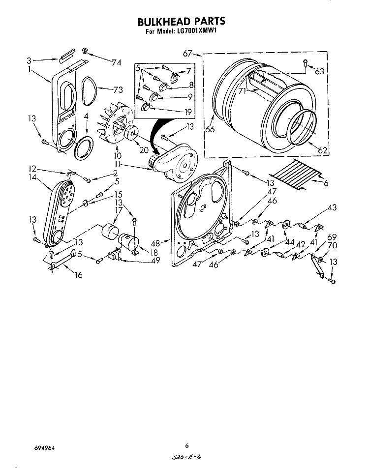 BULKHEAD Diagram and Parts List for LG7001XMW1  Whirlpool Dryer