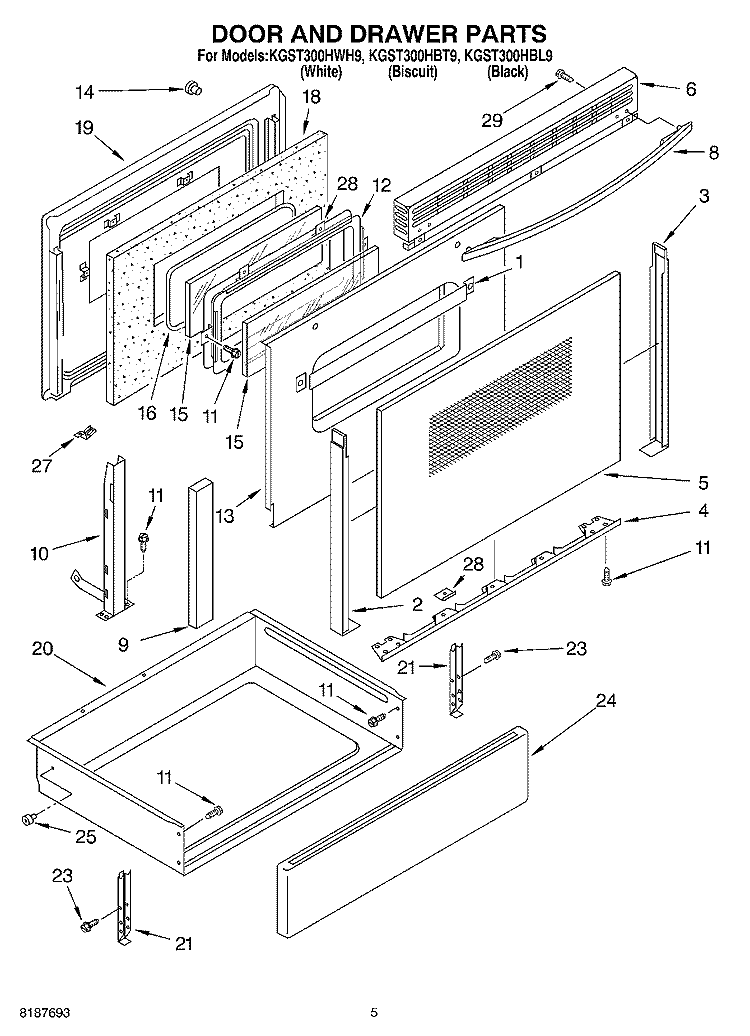 DOOR AND DRAWER Diagram and Parts List for KGST300HBT9  KitchenAid Range