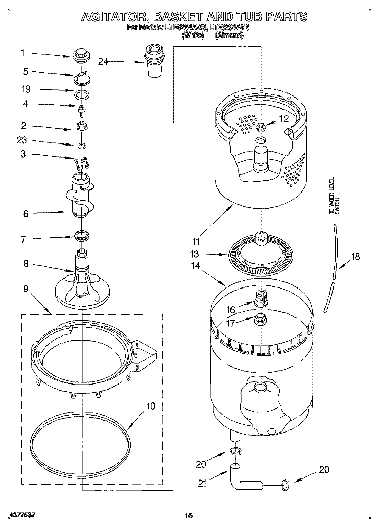AGITATOR, BASKET AND TUB Diagram and Parts List for LTE6234AW3  Whirlpool Washer Dryer Combo