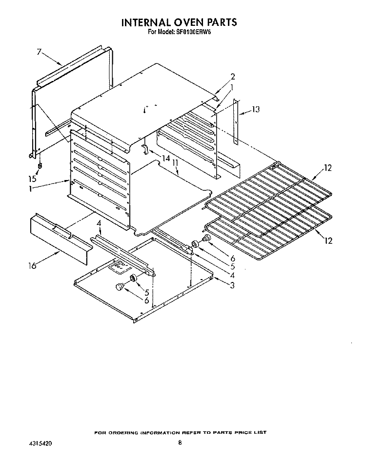 INTERNAL OVEN Diagram and Parts List for SF0100ERW6  Whirlpool Range