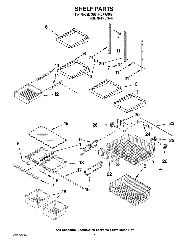 SHELF PARTS Diagram and Parts List for GB2FHDXWS06  Whirlpool Refrigerator