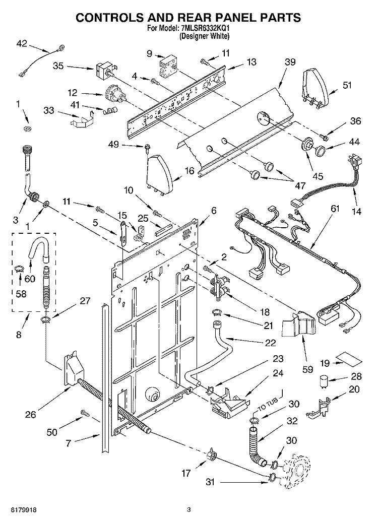 CONTROLS AND REAR PANEL Diagram and Parts List for 7MLSR6332KQ1  Whirlpool Washer