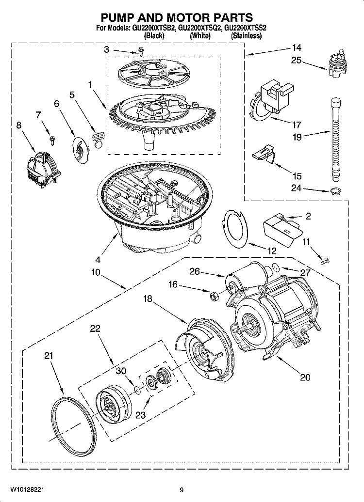 PUMP AND MOTOR PARTS Diagram and Parts List for GU2200XTSQ2  Whirlpool Dishwasher