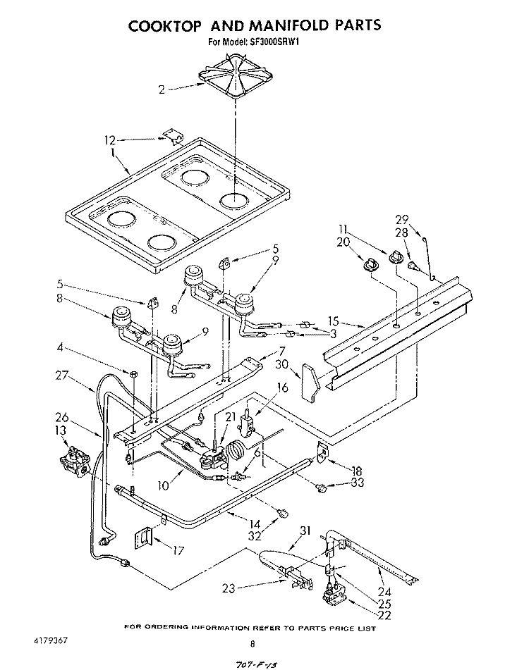 COOKTOP AND MANIFOLD , LITERATURE AND OPTIONAL Diagram and Parts List for SF3000SRW1  Whirlpool Range