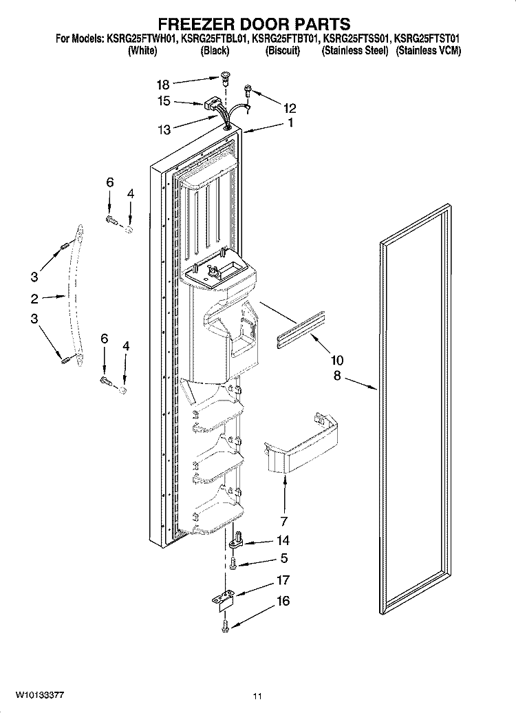 FREEZER DOOR PARTS Diagram and Parts List for KSRG25FTBL01  KitchenAid Refrigerator