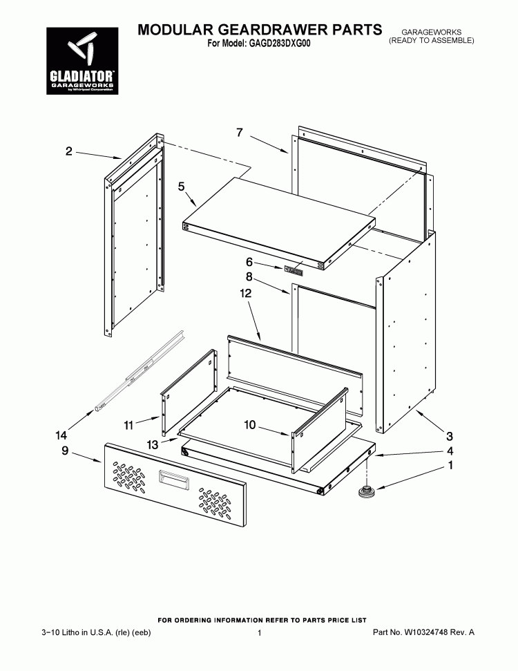MODULAR GEARDRAWER PARTS Diagram and Parts List for GAGD283DXG00  Whirlpool Cabinet