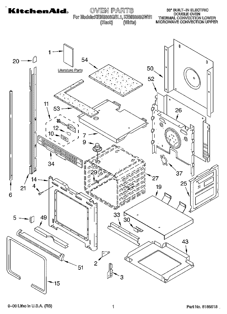 OVEN, LITERATURE Diagram and Parts List for KEMS308GWH1  KitchenAid Microwave Oven Combo