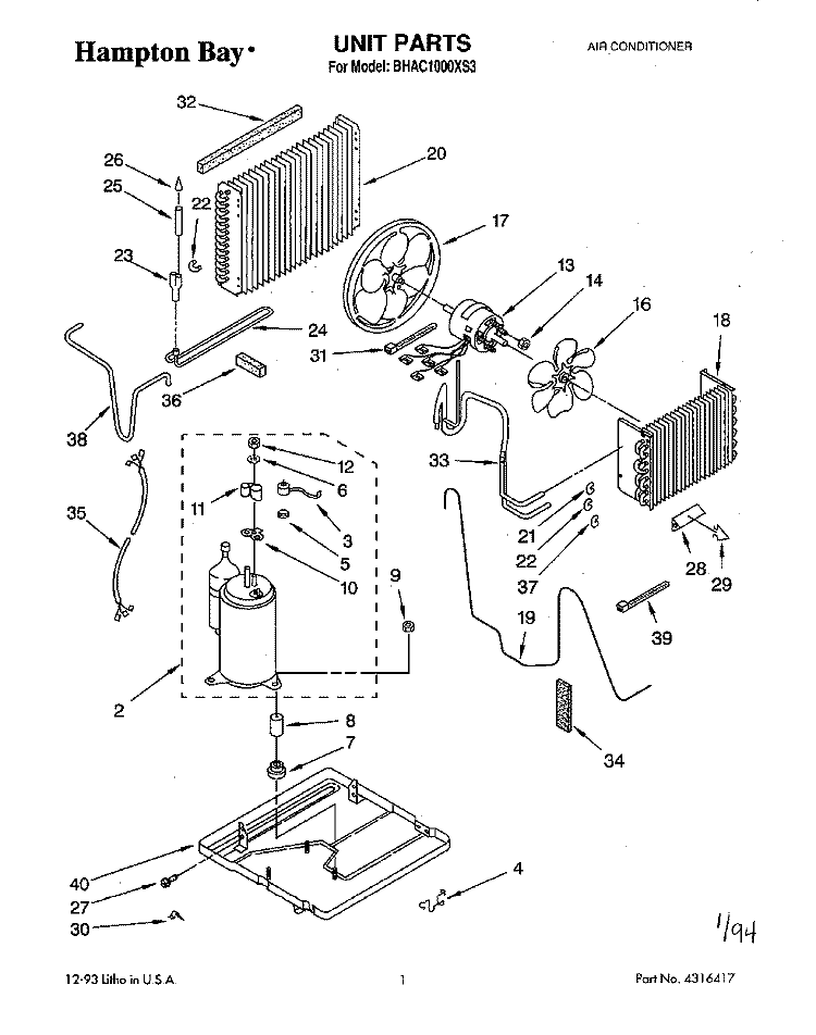 UNIT, LITERATURE Diagram and Parts List for BHAC1000XS3  Whirlpool Air Conditioner