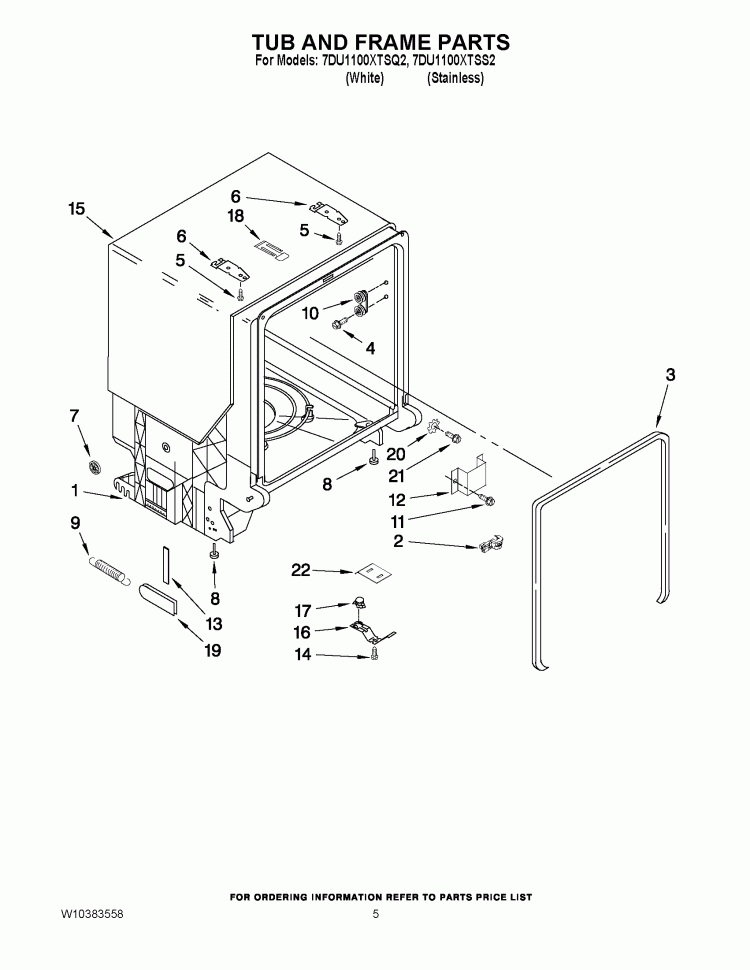 TUB AND FRAME PARTS Diagram and Parts List for 7DU1100XTSQ2  Whirlpool Dishwasher