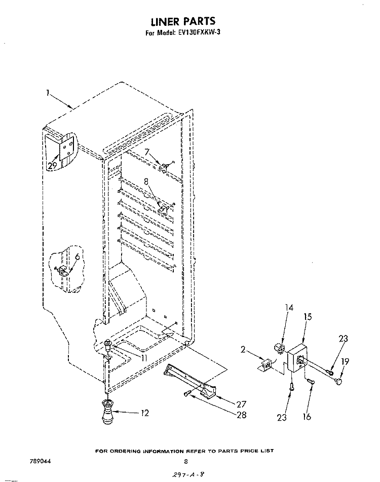 LINER Diagram and Parts List for EV130FXKW3  Whirlpool Freezer