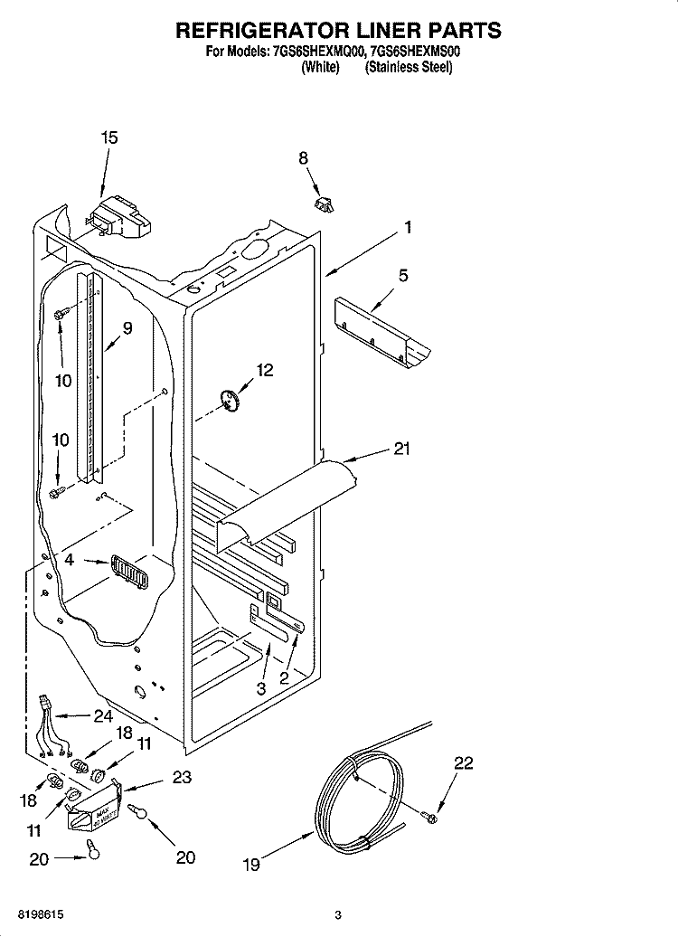REFRIGERATOR LINER PARTS Diagram and Parts List for 7GS6SHEXMS00  Whirlpool Refrigerator