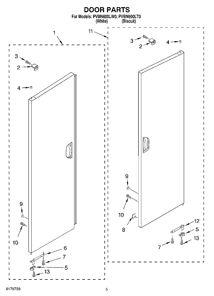 DOOR Diagram and Parts List for PVBN600LW0  Whirlpool Cabinet