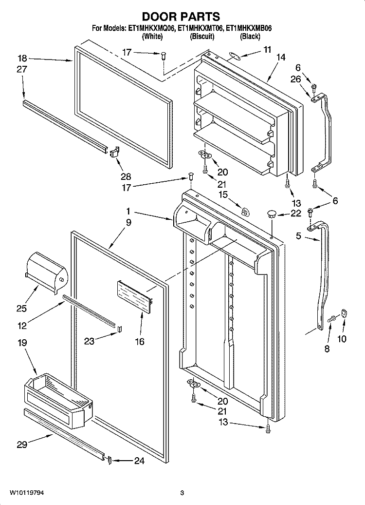 DOOR PARTS Diagram and Parts List for ET1MHKXMQ06  Whirlpool Refrigerator