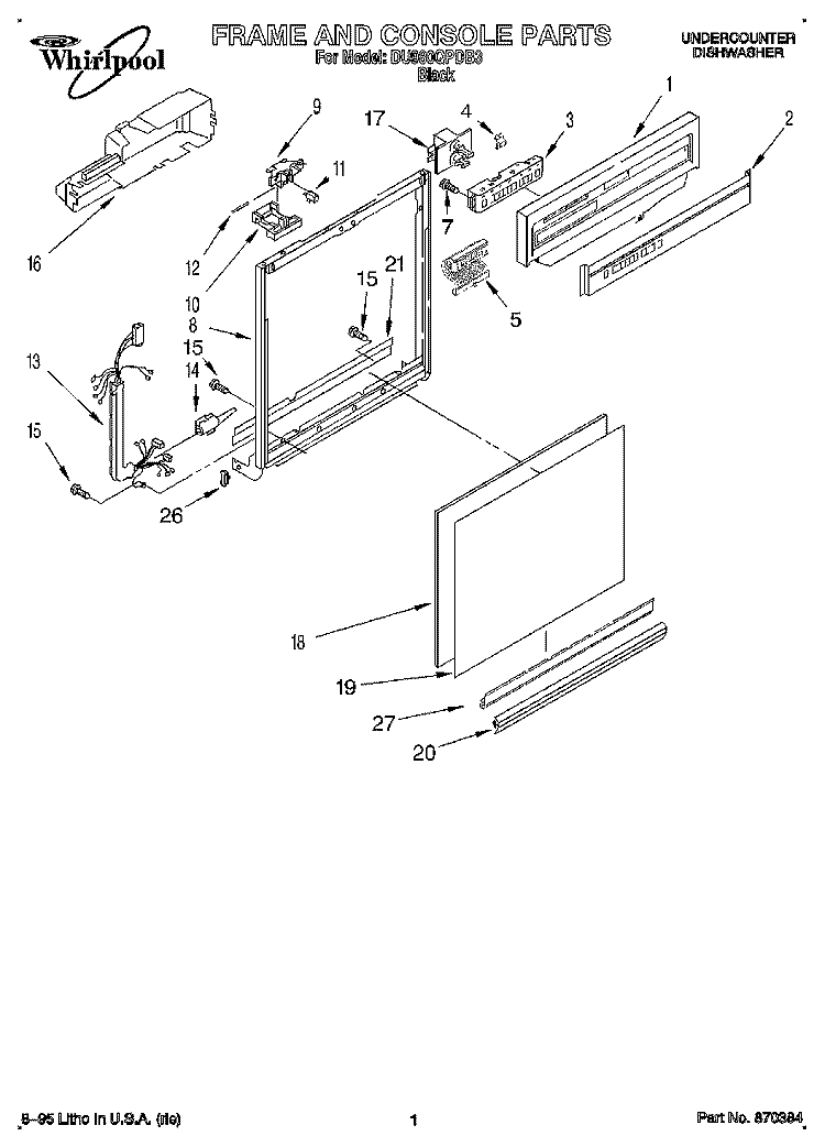 FRAME AND CONSOLE Diagram and Parts List for DU980QPDB3  Whirlpool Dishwasher