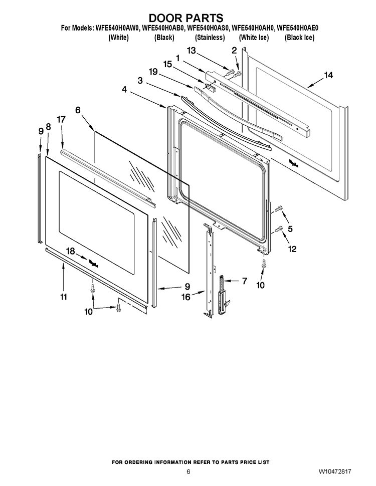 DOOR PARTS Diagram and Parts List for WFE540H0AS0  Whirlpool Range