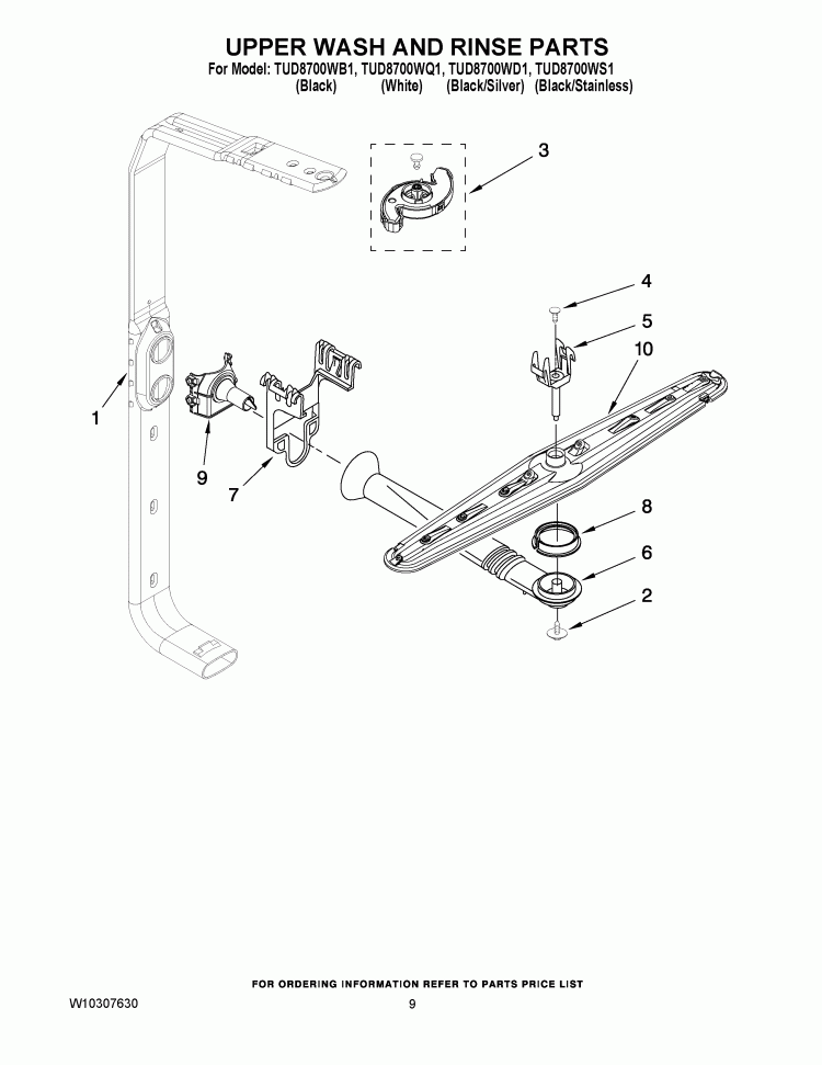 UPPER WASH AND RINSE PARTS Diagram and Parts List for TUD8700WS1  Estate Dishwasher