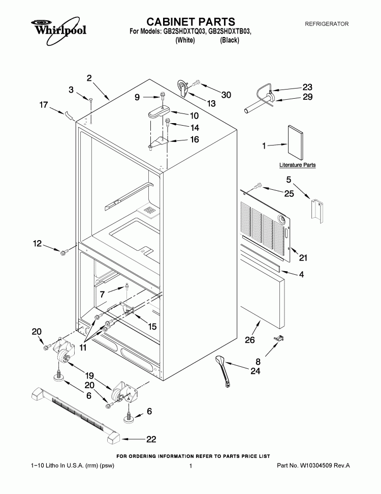 CABINET PARTS Diagram and Parts List for GB2SHDXTQ03  Whirlpool Refrigerator