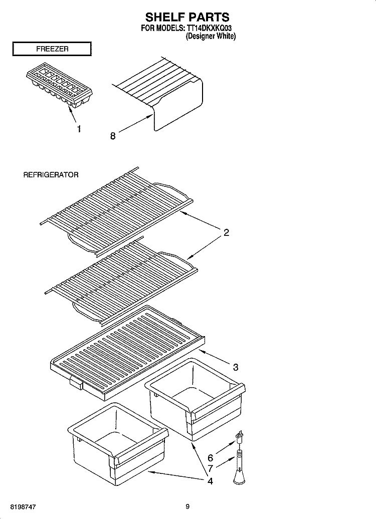 SHELF PARTS, OPTIONAL PARTS Diagram and Parts List for TT14DKXKQ03  Estate Refrigerator