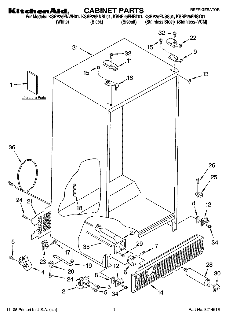 CABINET PARTS Diagram and Parts List for KSRP25FNBL01  KitchenAid Refrigerator