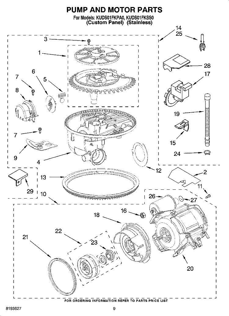 PUMP AND MOTOR PARTS Diagram and Parts List for KUDS01FKSS0  KitchenAid Dishwasher