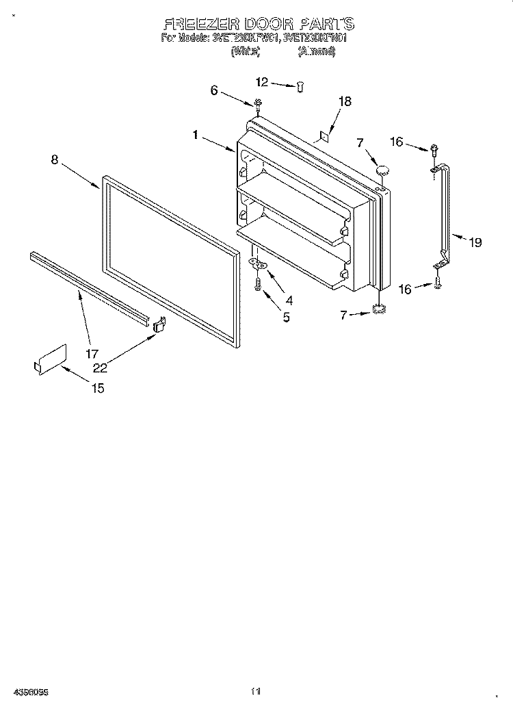 FREEZER DOOR, LIT/OPTIONAL Diagram and Parts List for 3VET23DKFW01  Whirlpool Refrigerator