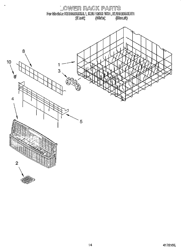 LOWER RACK Diagram and Parts List for KUDR25SHBT1  KitchenAid Dishwasher