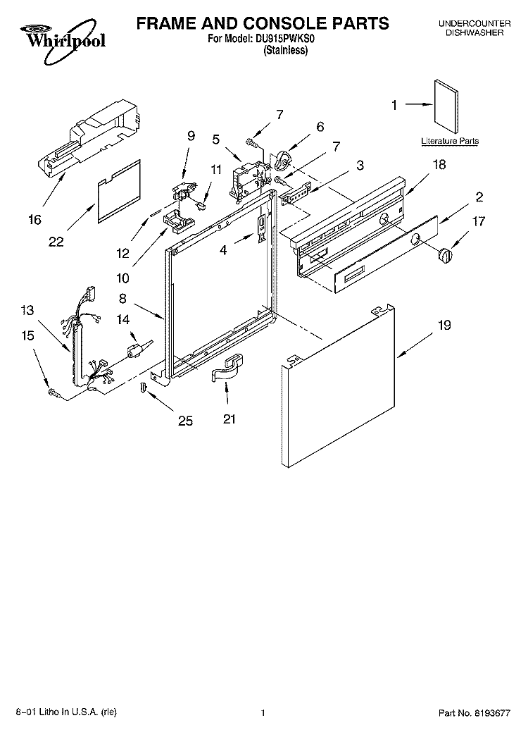 FRAME AND CONSOLE, LITERATURE Diagram and Parts List for DU915PWKS0  Whirlpool Dishwasher