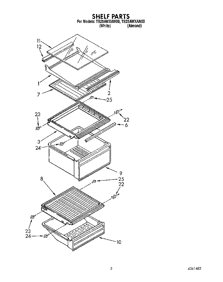 SHELF Diagram and Parts List for TS25AWXAN00  Whirlpool Refrigerator