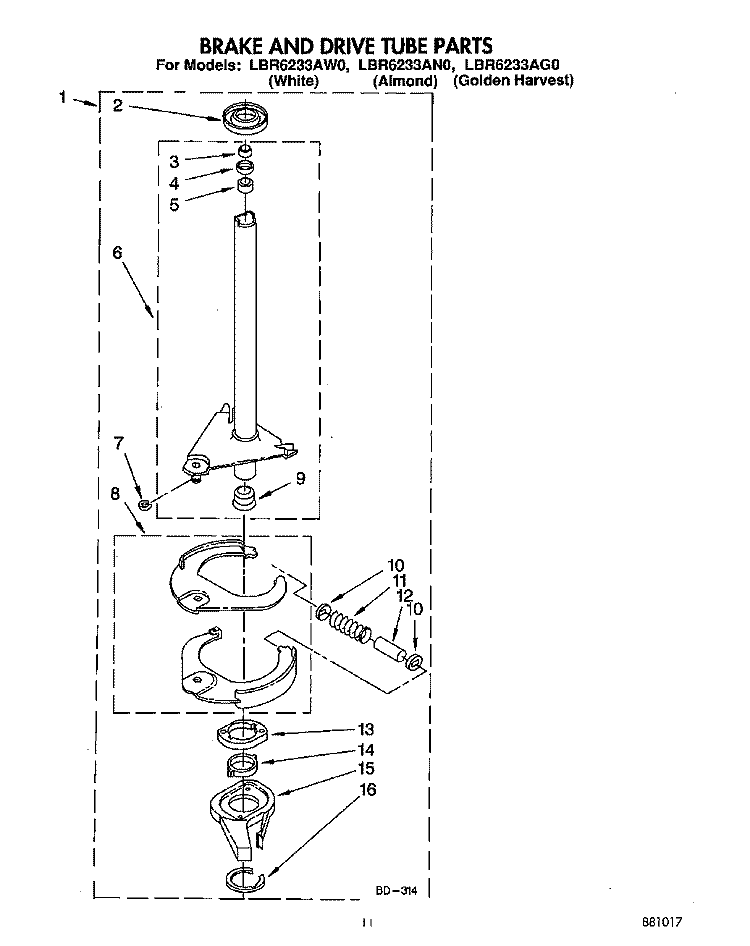 BRAKE AND DRIVE TUBE Diagram and Parts List for LBR6233AW0  Whirlpool Washer