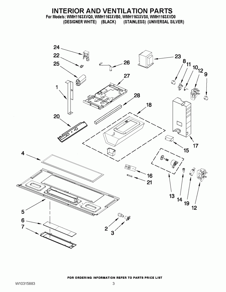 INTERIOR AND VENTILATION PARTS Diagram and Parts List for WMH1163XVS0  Whirlpool Microwave