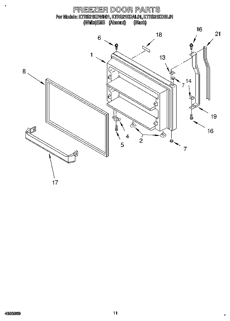 FREEZER DOOR, LIT/OPTIONAL Diagram and Parts List for KTRS21KDAL01  KitchenAid Refrigerator