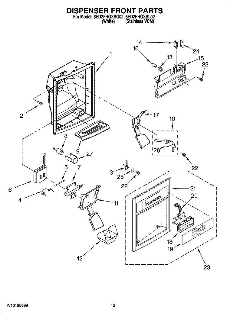 DISPENSER FRONT PARTS Diagram and Parts List for 6ED2FHGXSQ02  Whirlpool Refrigerator