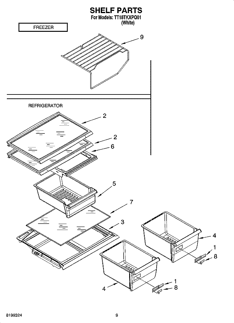 SHELF PARTS, OPTIONAL PARTS Diagram and Parts List for TT18TKXPQ01  Estate Refrigerator