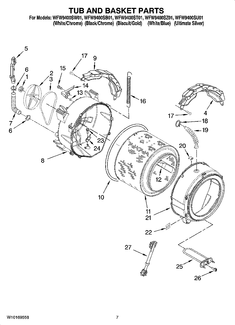 TUB AND BASKET PARTS Diagram and Parts List for WFW9400SW01  Whirlpool Washer