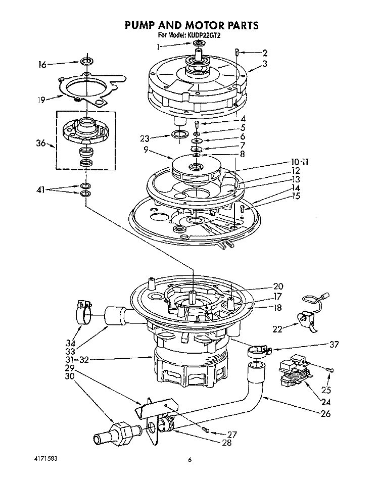 PUMP AND MOTOR Diagram and Parts List for KUDP22GT2  KitchenAid Dishwasher
