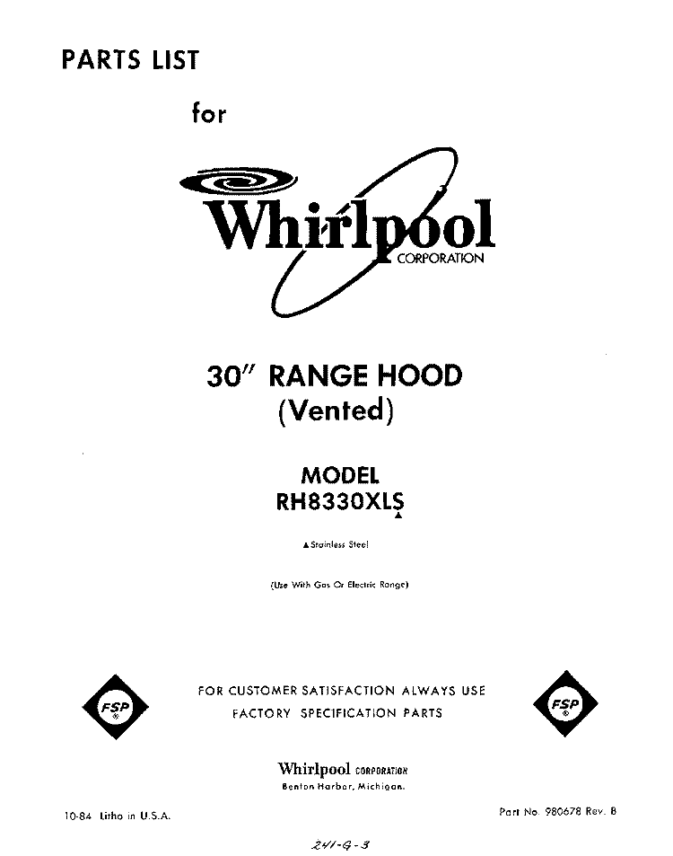 SECTION Diagram and Parts List for RH8330XLS  Whirlpool Range Hood