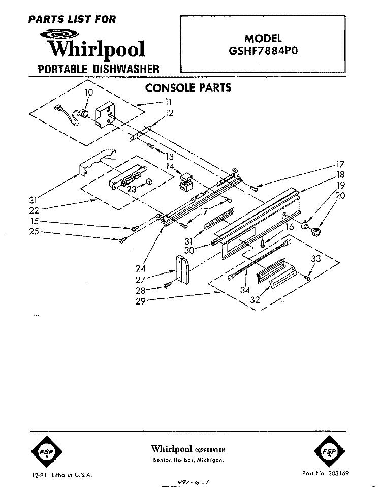 CONSOLE Diagram and Parts List for GSHF7884P0  Whirlpool Dishwasher