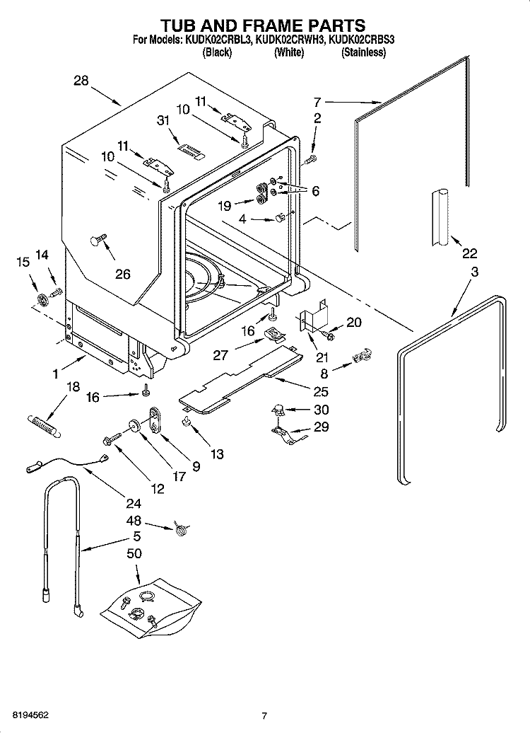 TUB AND FRAME PARTS Diagram and Parts List for KUDK02CRWH3  KitchenAid Dishwasher