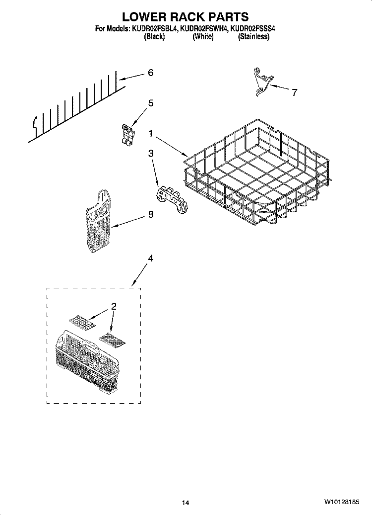 LOWER RACK PARTS, OPTIONAL PARTS (NOT INCLUDED) Diagram and Parts List for KUDR02FSWH4  KitchenAid Dishwasher