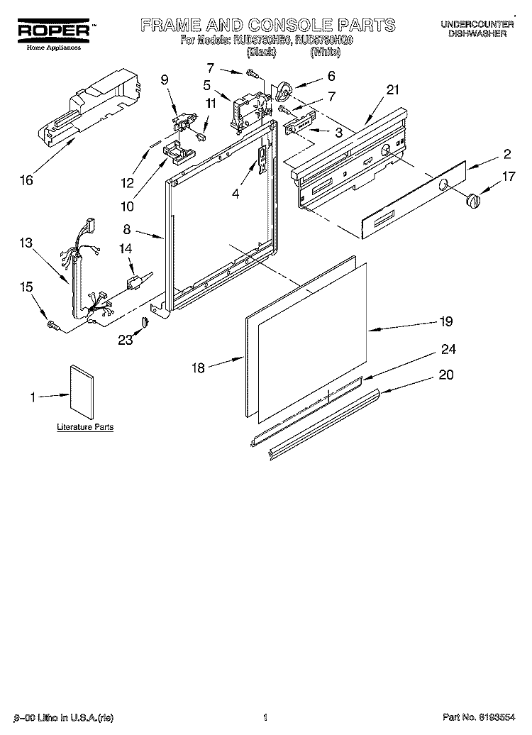 FRAME AND CONSOLE, LITERATURE Diagram and Parts List for RUD5750HB0  Roper Dishwasher