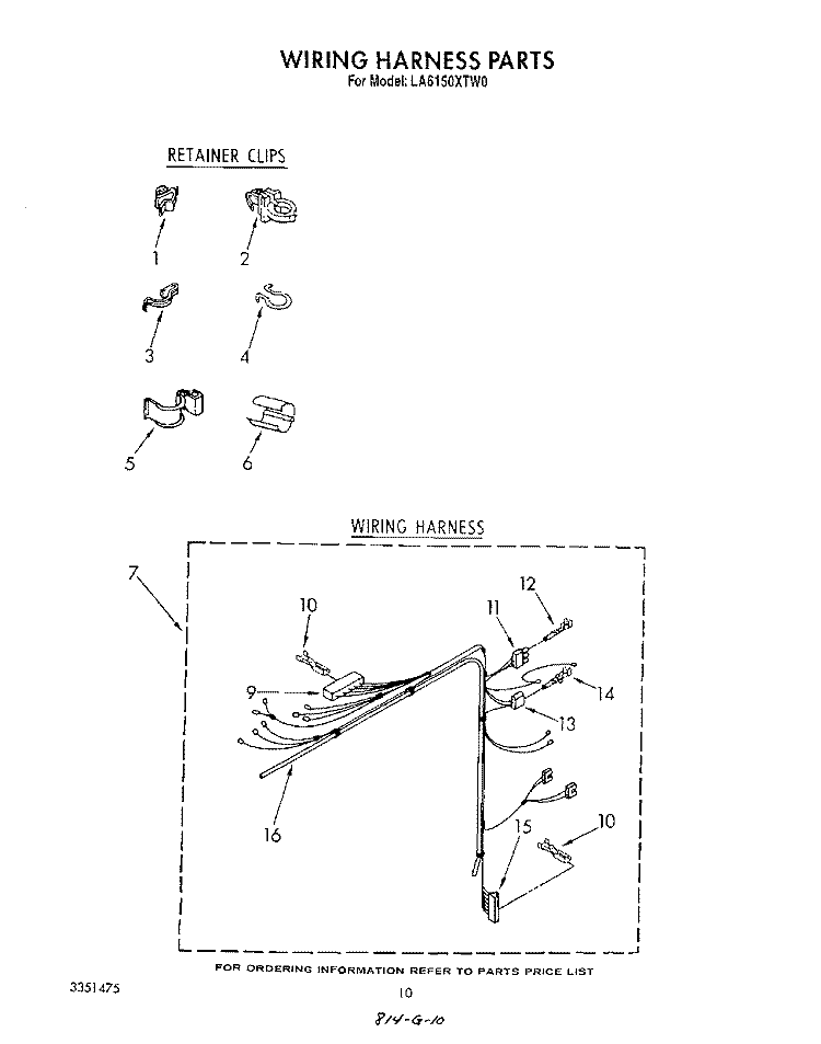 WIRING HARNESS Diagram and Parts List for LA6150XTF0  Whirlpool Washer
