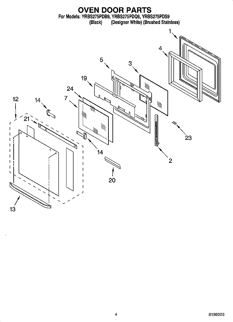 OVEN DOOR PARTS Diagram and Parts List for YRBS275PDQ9  Whirlpool Wall Oven